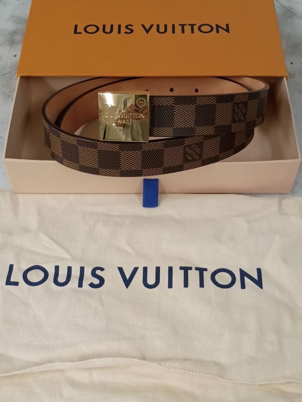 Louis Vuitton Brown Damier Canvas Belt with Gold Plate Buckle